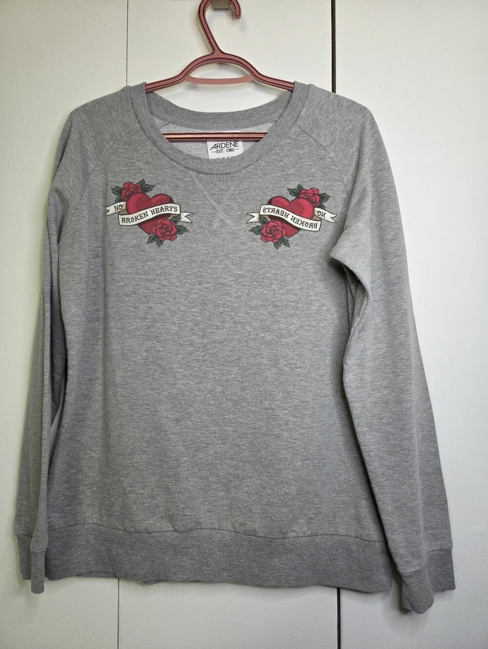 Ardene Womens L No Broken Hearts Tattoo Gray Crewneck Sweatshirt